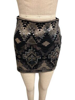 Express Sequin Embellished Mini Skirt Black & Gold Aztec Pattern XS